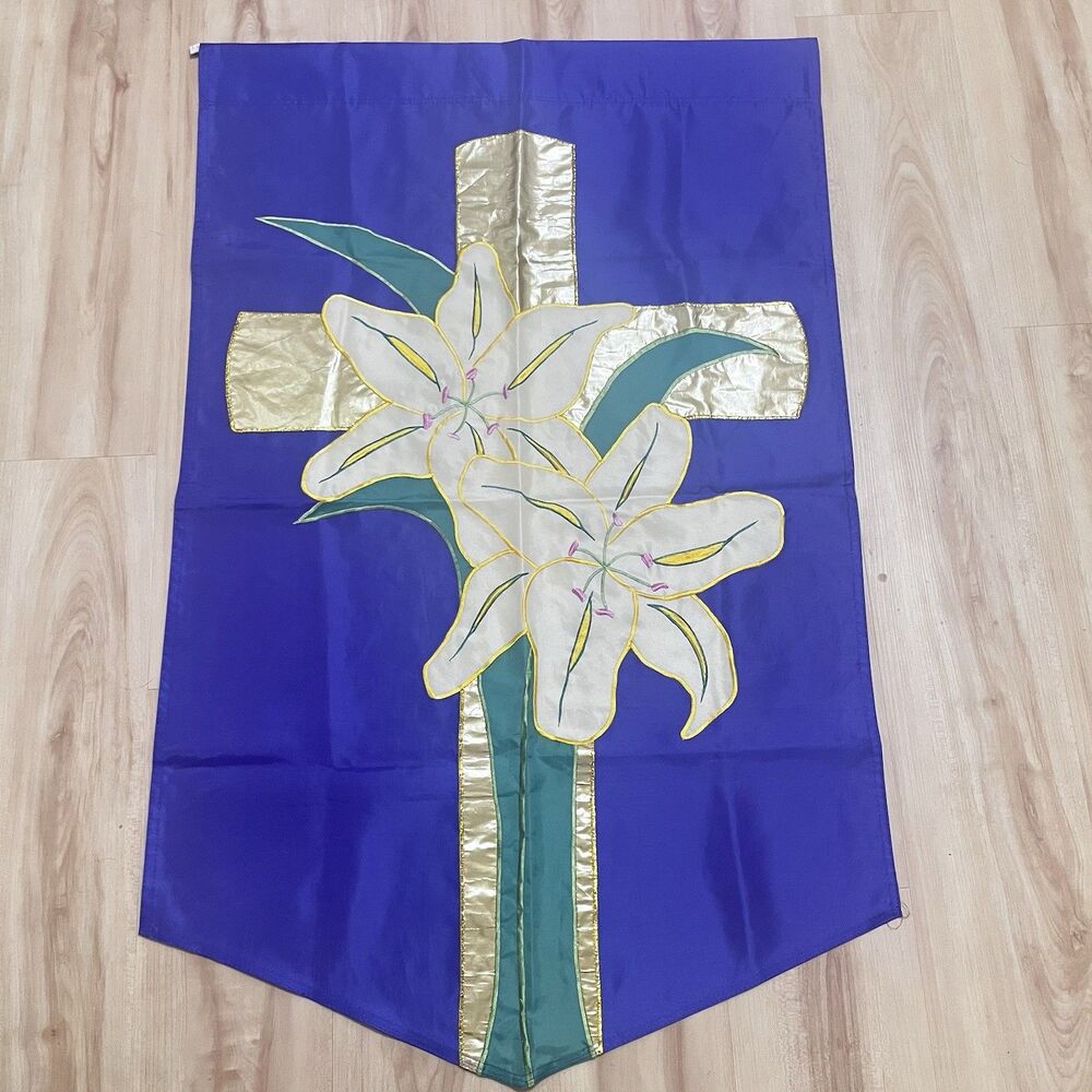 Vintage NCE Easter Lily Cross Christian Religious Decorative Flag Banner 1993